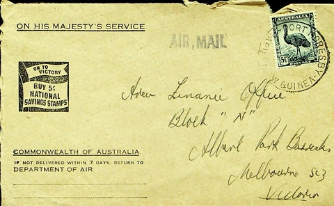 SEPHIL AUSTRALIA 5½d ON HMS AIRMAIL COVER PAPUA NEW GUINEA TO MELBOURNE Cover