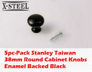 5pc-Pack Stanley Taiwan 38mm Round Cabinet Knobs Enamel Backed Black - Picture 1 of 5