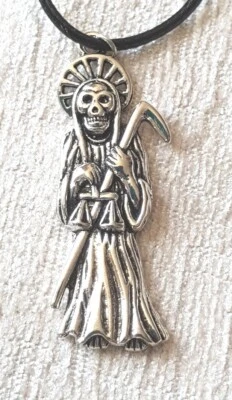 Grim reaper tibetan silver necklace on faux leather neck cord, Goth Halloween  - Изображение 1 из 3