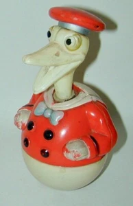 Donald Duck Long Bill Celluloid Roly Poly Red Jacket Red Hat 1930s Japan - Picture 1 of 4