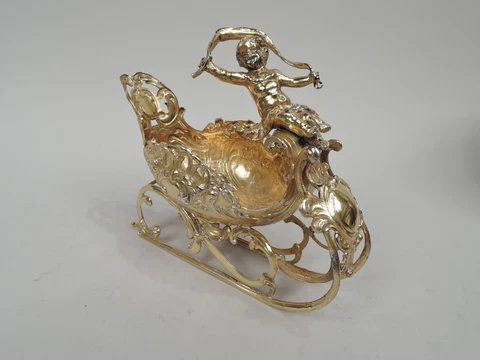Antique Sleigh Rococo Fantasy Figural Bowl German Silver Gilt Neresheimer Cover