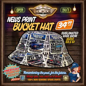 FORD BATHURST NEWSPRINT BUCKET HAT FROM HOUSE OF MUSCLE ALL THE STORIES - Picture 1 of 2