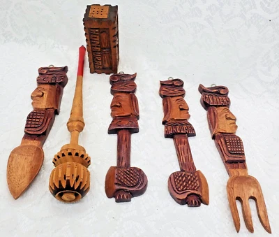 MCM Hand-Carved "HONDURAS" Wood Salad Serving Utensils kitchen Decor Hanging Art - Image 1 of 4