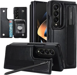 Samsung Galaxy Z Fold 4 Case Wallet Leather Card Slots Defender Cover,Black - Picture 1 of 6