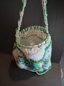 VTG Grannycore Granny made Clothespin Bag Floral Lace Crocheted Blue Green BOHO - Bild 1 von 6