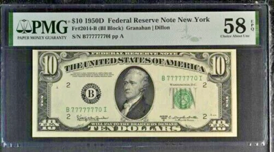$10 1950D Federal Reserve Note -7's - Seven of a Kind in a row SN 77777770 58EPQ - Image 1 of 4