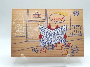 Wooden Postcard Cat in a Coffee Shop Reading a Newspaper Japan - Picture 1 of 4