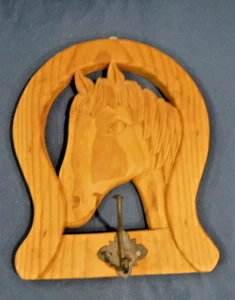 Western Wood Hand CARVED Horse Head WALL Hanger Horseshoe Hook LARGE-- MEXICO - Picture 1 of 4