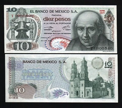 México 10 PESOS P-63 1975 x 10 Piezas Lote Campana Mexicana Hidalgo UNC Moneda NOTA Foto 1 de 3