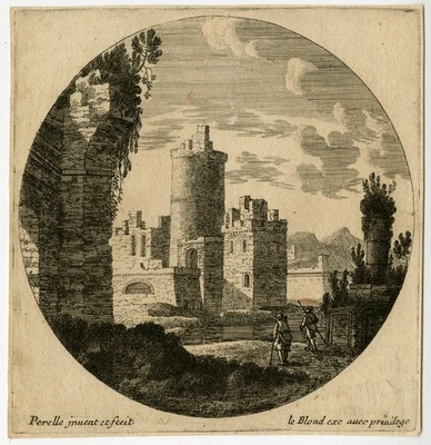 Antigua impresión maestra-PAISAJE-CIRCULAR-CASTILLO-Perelle-ca. 1660 Foto 1 de 2