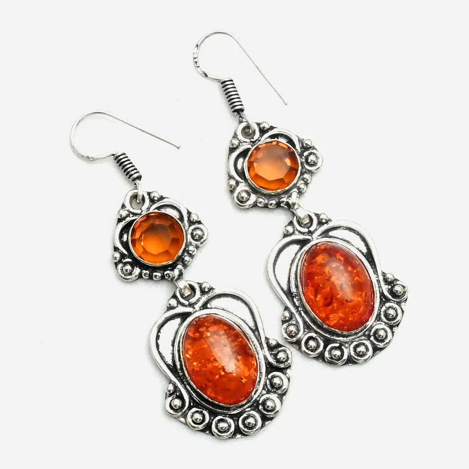 Pendientes colgantes ámbar miel citrino piedras preciosas hechos a mano joyería 2,2" AE-11220 Foto 1 de 1