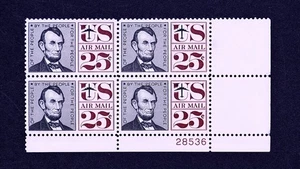 lss US 1960 25c Abraham Lincoln Airmail C59a MNH Tagged Plate Block XF - Bild 1 von 2
