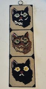 Cross Stitched Fabulous Cat Wall Hanging 5.25x18” So Cute! - Picture 1 of 4