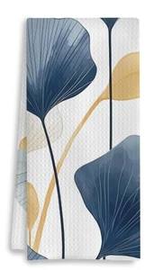 Botanical Kitchen Bath Towels Navy Golden Finkgo Leaves 16x24" Set of 2 - Picture 1 of 4
