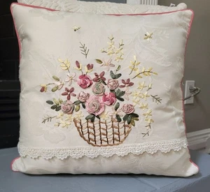 Vtg handmade ribbon embroidered pillow satin fabric throw decorative - Picture 1 of 7