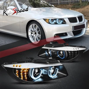 Dual Blue LED U-Halo+Turn Signal Projector Headlights for 09-12 BMW E90 3-Series - Picture 1 of 6
