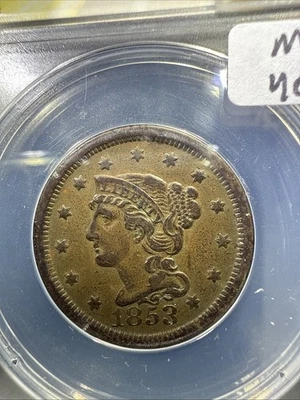 1853 Braided Hair Large Cent ANACS XF 40 PCGS PRICE GUIDE $175 M403 - Image 1 of 4