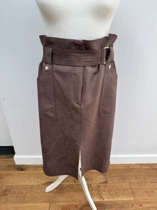 Brown Skirt Size 16 Faux Suede Pencil Below Knee Belt River Island Pockets - Picture 1 of 12