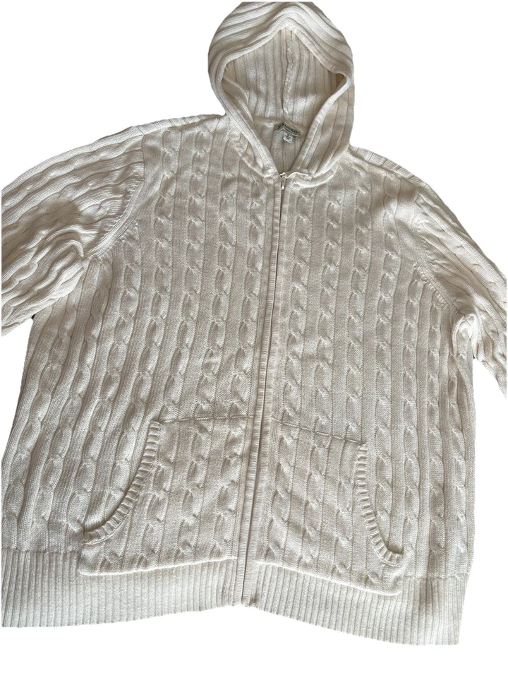 St. John’s Bay Women’s 3X White Cable Knit Zip-Up Hoodie Sweater Cotton Blend - Image 1 of 4