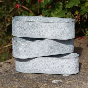 Set 3 Floral Window Pots Galvanised Metal Flower Box Planter Trough Outdoor Gard - Picture 1 of 5