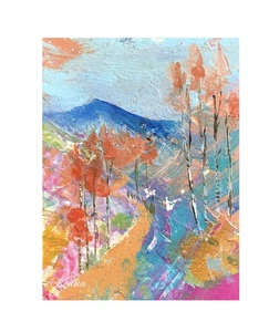"Pintura Acrílica Paisaje Montaña Original 2.5"" X 3.5"" Firmada por Aceo By Kenna" - Imagen 1 de 3