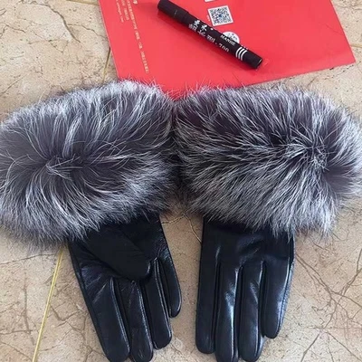Guantes cálidos de piel de zorro 100 % genuina para mujer Guantes forrados de vellón de cuero de cordero real Foto 1 de 4