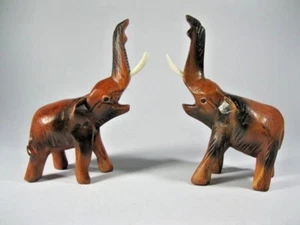 Pair Wooden Elephant Trunk Up Sculpture Hand Wood Carved Home Decor Collection  - Picture 1 of 11