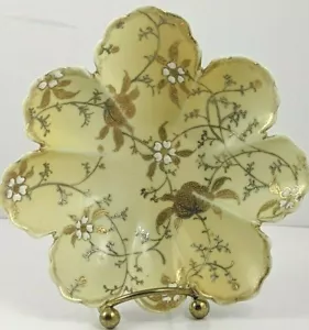 Antique Moriage Porcelain Flower Shaped Bowl Gold Silver White Stamped - Picture 1 of 12