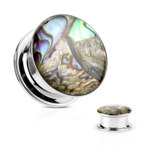 Pair Abalone Shell Inlay Double Flare Screw Fit Surgical Steel Ear Plugs - Picture 1 of 6