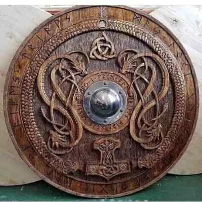 24'' Medieval Wooden Norse Carving Round Viking Shield Celtic Ornament Battle - Image 1 of 3