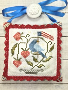 Finished Completed Brenda Gervais "STRAWBERRIES & STRIPES" cross stitch ornament - Picture 1 of 7
