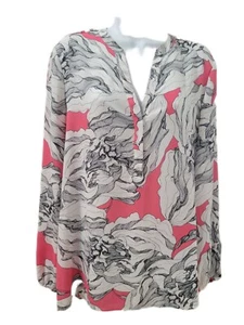 Alfani Button Up Blouse Pink Black Floral Chiffon Long Sleeve Womens Size 14 - Picture 1 of 12