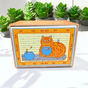 Wooden Recipe Box Vintage Taylor & Ng Tile Orange Cat Fish Japan CRACKED - Picture 1 of 14