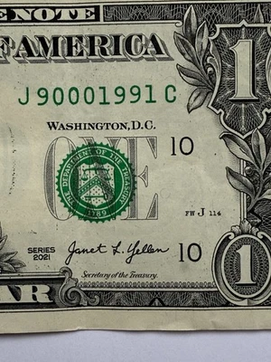 Trinary Year Note 1991 One Dollar Bill 0s 1s 9s Three In A Row 0s J9001991C 2021 - Image 1 of 4