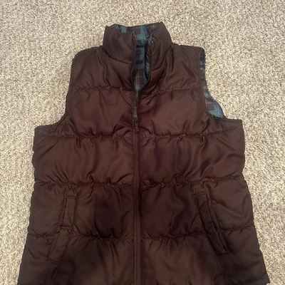 Chaleco acolchado Merona talla LG para mujer reversible marrón a cuadros chaqueta de caparazón suave Foto 1 de 4