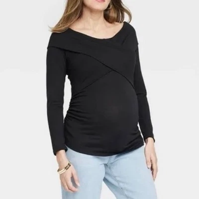 ISABEL MATERNITY NWOT Black Long Sleeve Cross Front Maternity Top Size XL Knit - Image 1 of 4