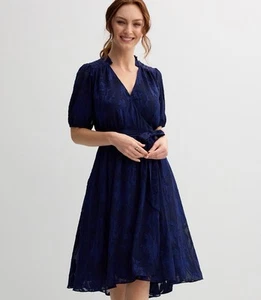 Vestido Draper James Mujer Talla M Acampanado Azul Marino Flores Cuello en V Corbata Cintura - Imagen 1 de 17
