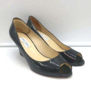 Jimmy Choo Baxen Peep Toe Wedge Pumps Black Patent Leather Size 38.5 - Picture 1 of 10