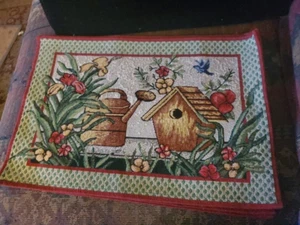 Vintage Set Of 4 Taperstry Placemats Birdhouse Watering Can Spring Floral - Picture 1 of 1