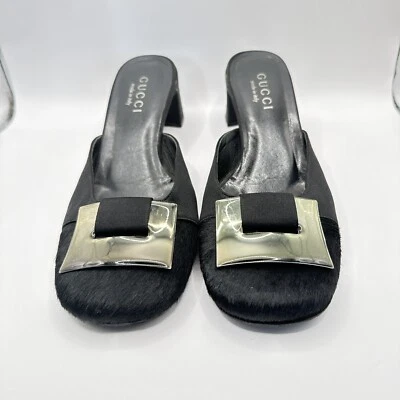 Vintage GUCCI Black Heels Slides Size  7B US.  PONY STINGRAY - Image 1 of 4