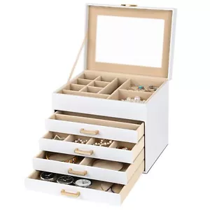 Kendal Joyero de Cuero de 5 Capas Reloj Organizador de Joyas Blanco con Tapa de Vidrio - Imagen 1 de 6