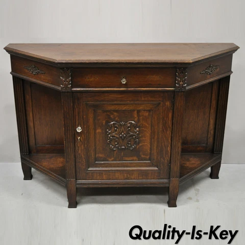 Antique European Renaissance Oak Wood Buffet Console Cabinet Server Cover