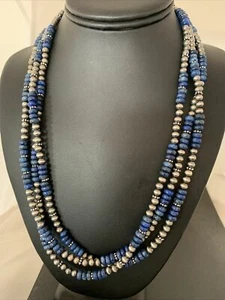 Native Navajo Pearls Denim Lapis 3 Strand Sterling Silver 21” Necklace 00929 - Picture 1 of 12