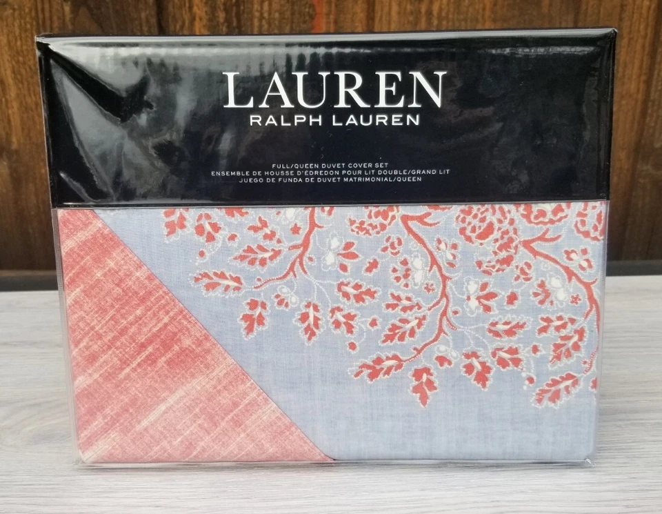 Ralph Lauren Marley Blue Coral 3pc Queen Size Duvet Cover Set