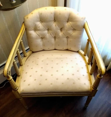 MID-50s ‘HOLLYWOOD’ ARMCHAIR. YELLOW w WHITE & GOLD SILK, c/w FOOTSTOOL - Image 1 of 4