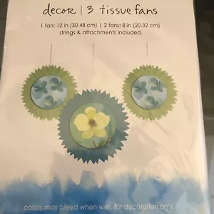 3 Kathy Davis dangling Decorative Tissue Fans 12" 8" aqua blue lime green floral - Picture 1 of 3