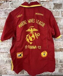 Vintage Military Embroidered Ladies  Marines Okinawa Japan Bowling Shirt Patches - Picture 1 of 4