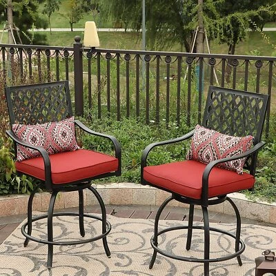 Outdoor Swivel Bar Chairs Set of 2 with Cushion Bistro Bar Stool Patio Red Chair - Image 1 of 4