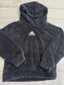 Adidas Hoodie Jugend klein schwarz flauschig Sherpa Glitzer Pullover Kapuzenjacke Fehler - Bild 1 von 7