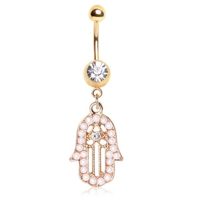 Gold Plated Hamsa Amulet Dangle Navel Ring with Pearls - Image 1 of 3